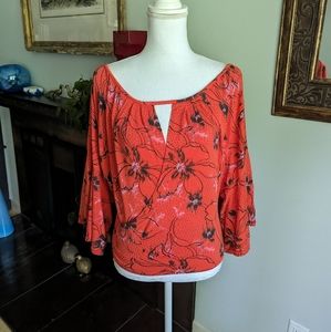 Free People Women's Medium Last Time Orange Bell Sleeve Key Hole Top Cropped 101